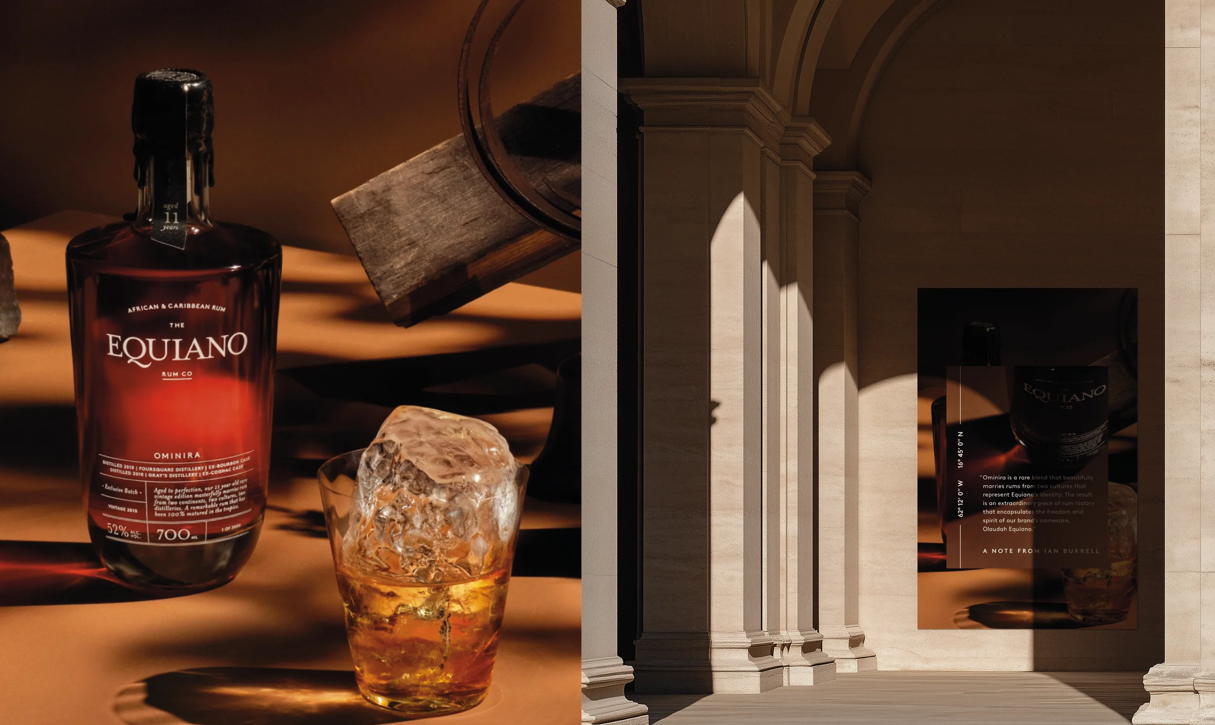 Equiano rum bottle, cocktail and island landscape campaign composition.