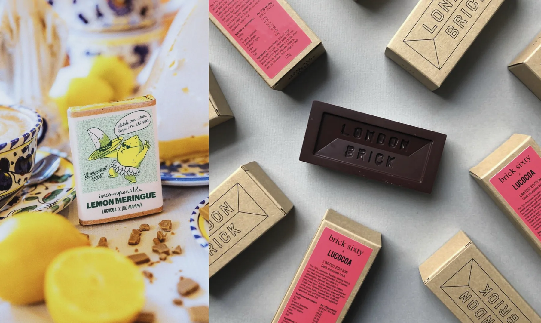 Lucocoa Lemon Meringue and London Brick chocolate packaging.