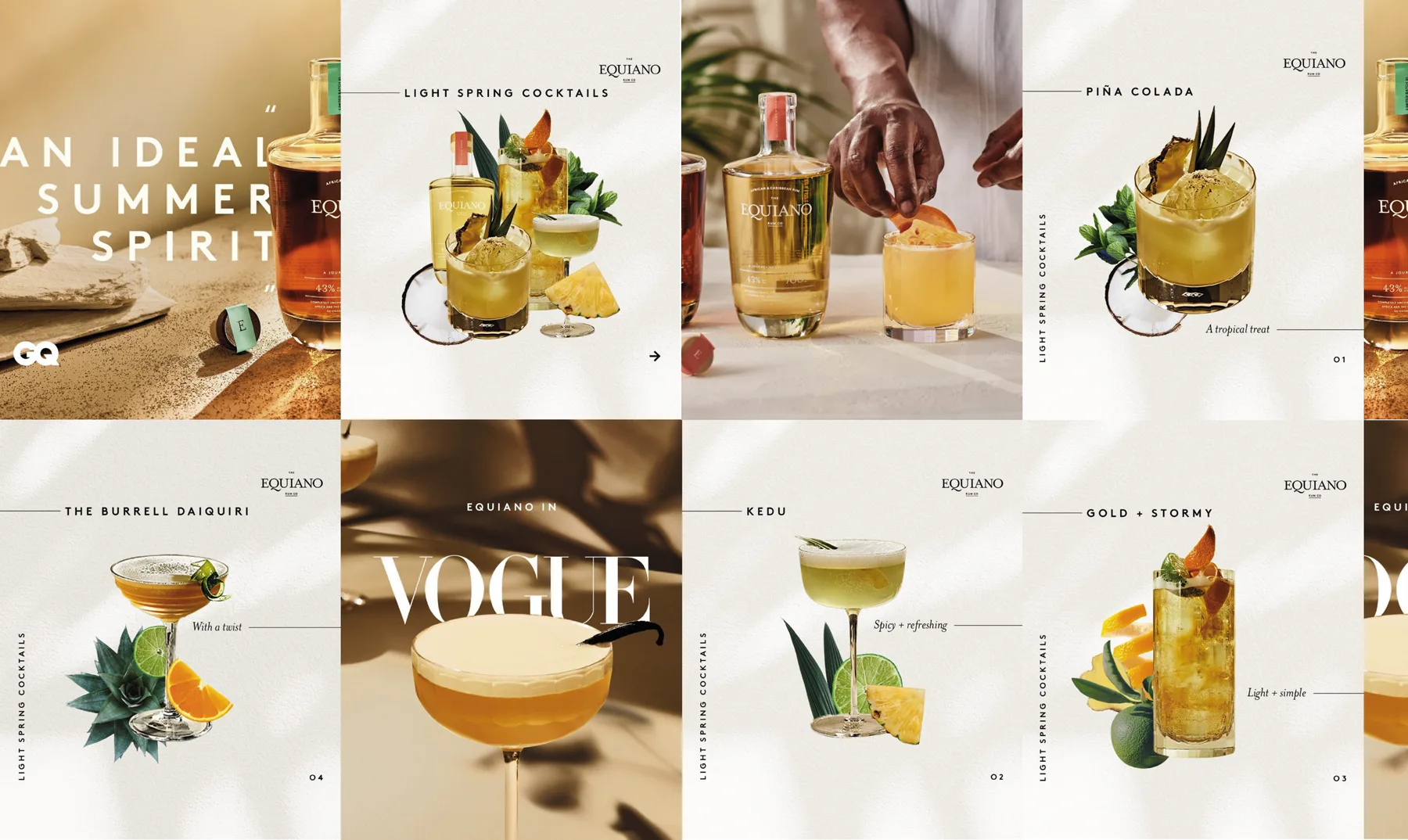 Collage of Equiano cocktails with tropical fruit and editorial layouts.
